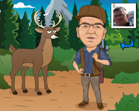 Hirschjäger Karikatur vom Foto, Jäger Karikatur