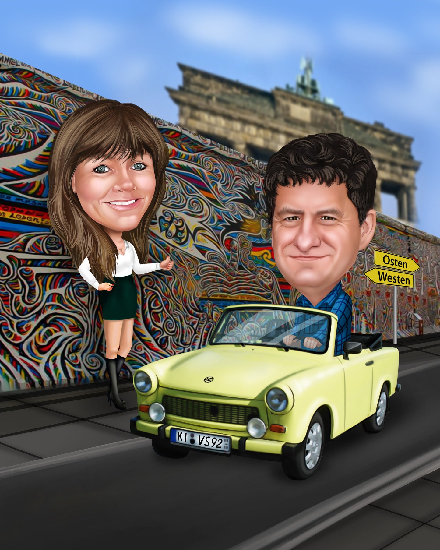 Caricature avec la voiture ou la moto