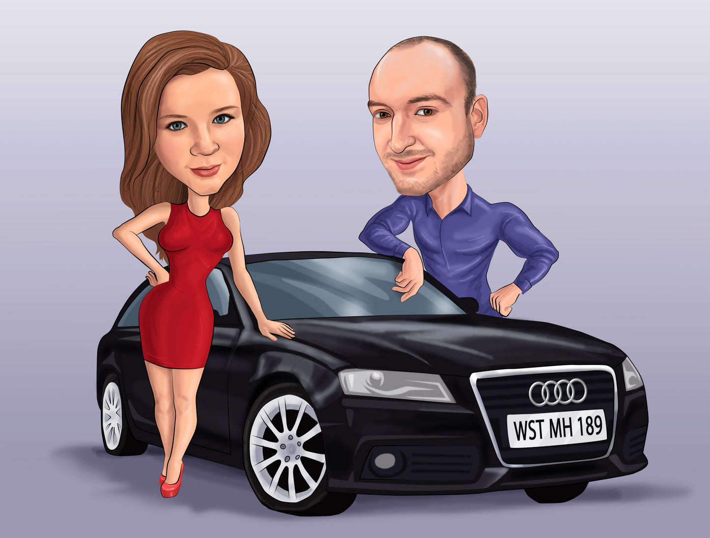 Caricature avec la voiture ou la moto