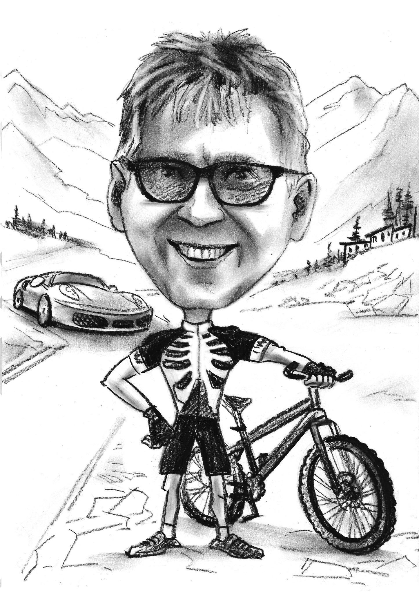 1 henkilö - koko kehon karikatyyri (lyijykynä)