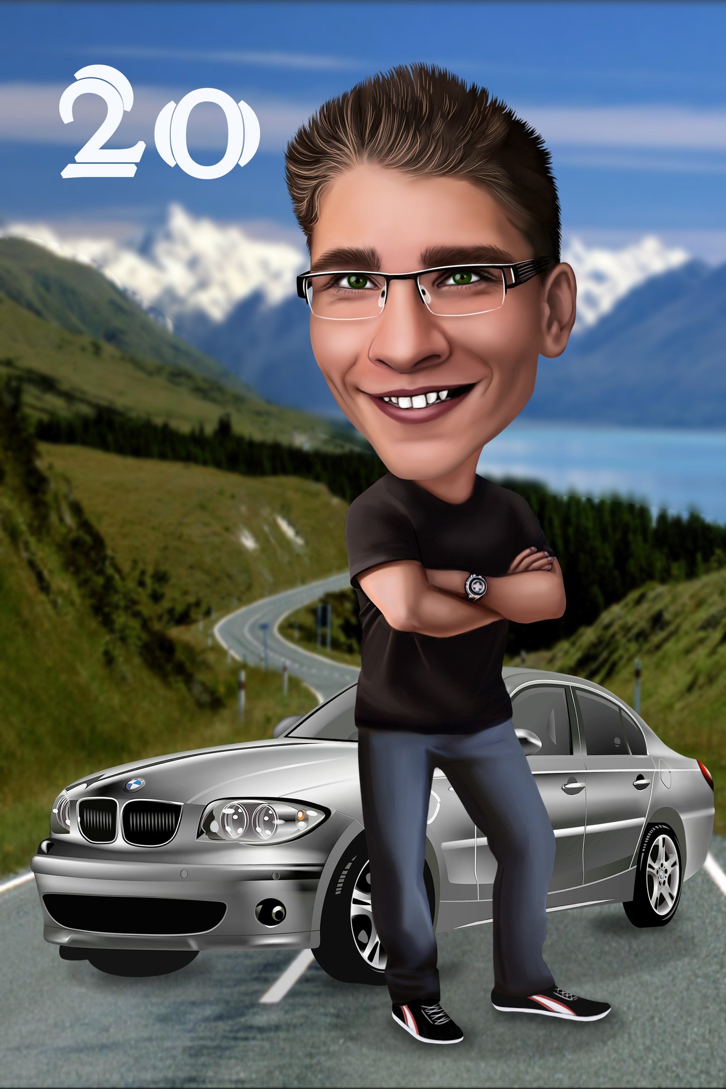 Caricature avec la voiture ou la moto