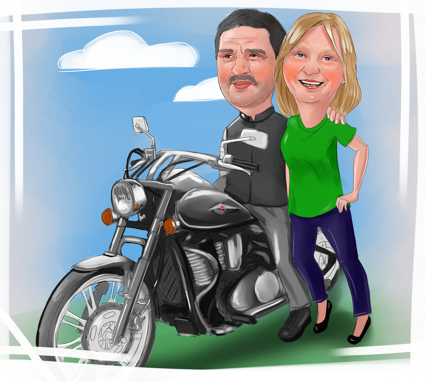 Caricature avec la voiture ou la moto