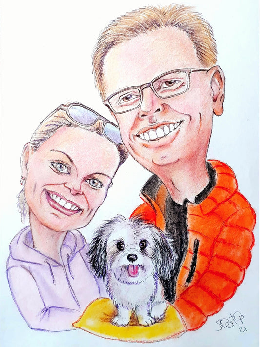 2 Personen - Farbige Portrait-Karikatur mit Oberkörper (Bleistift)